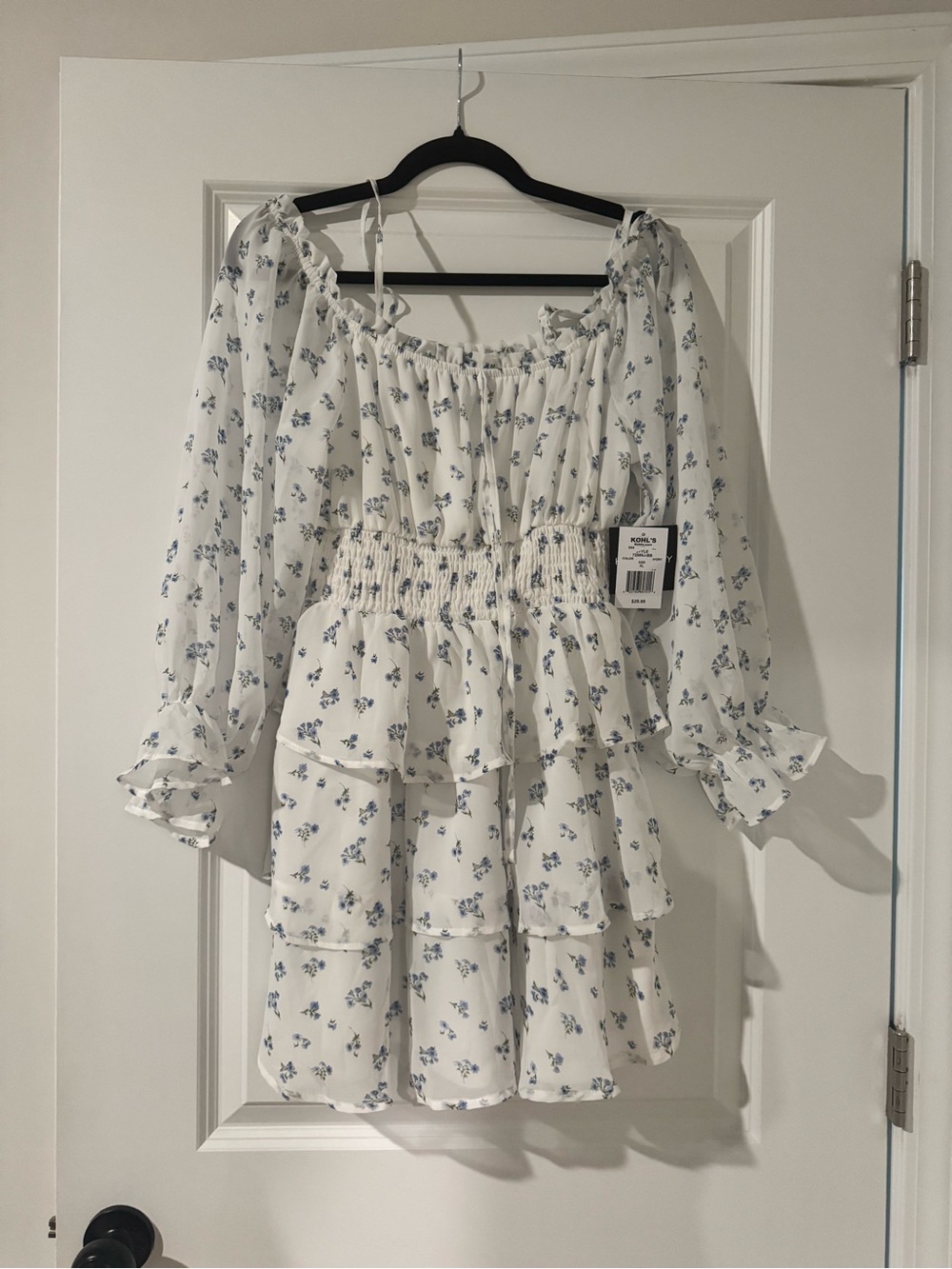 Kohl's White Dress with Blue Floral Print and Tiered Skirt